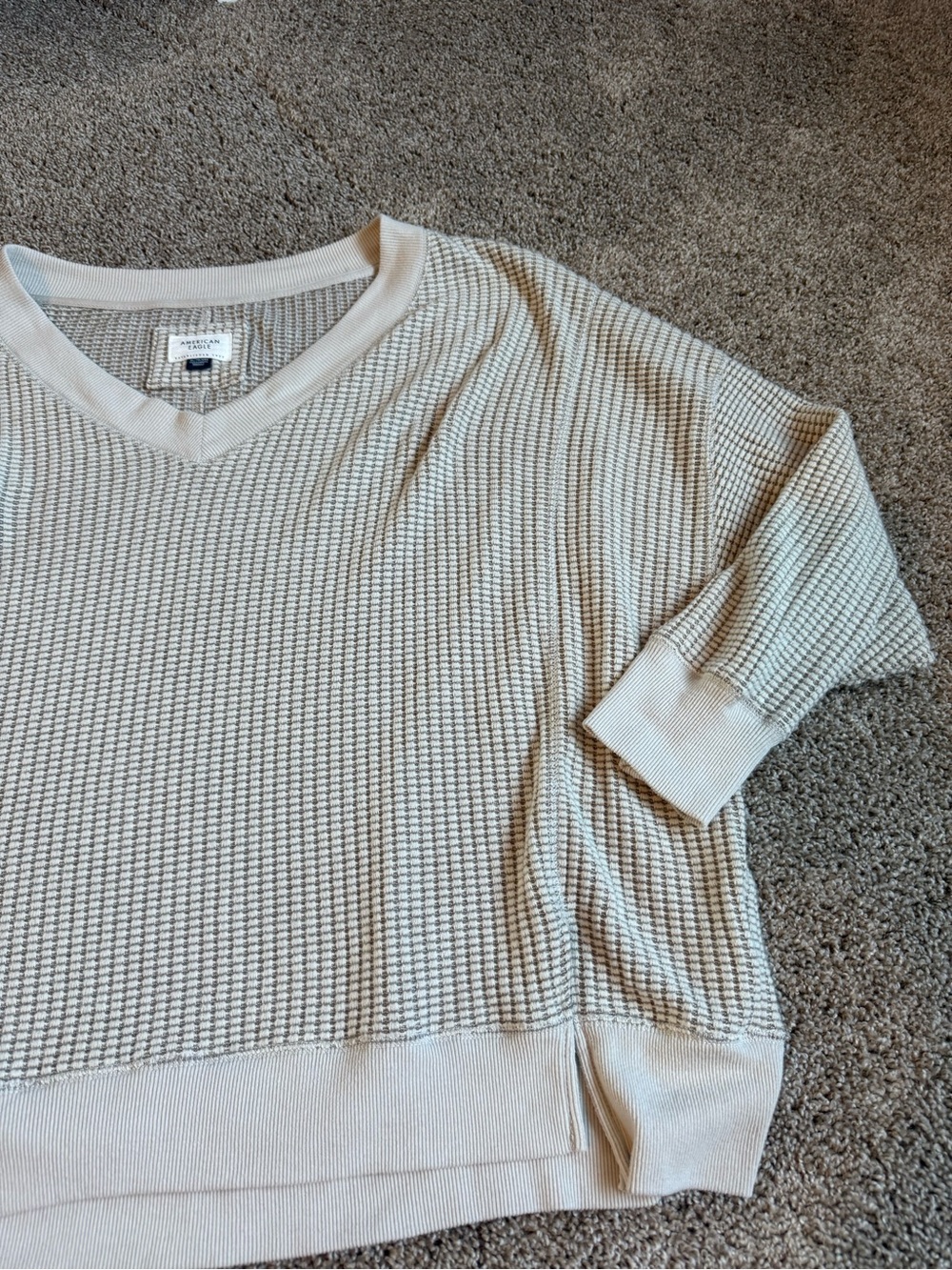 American Eagle Outfitters Cream Waffle V-Neck Sweater